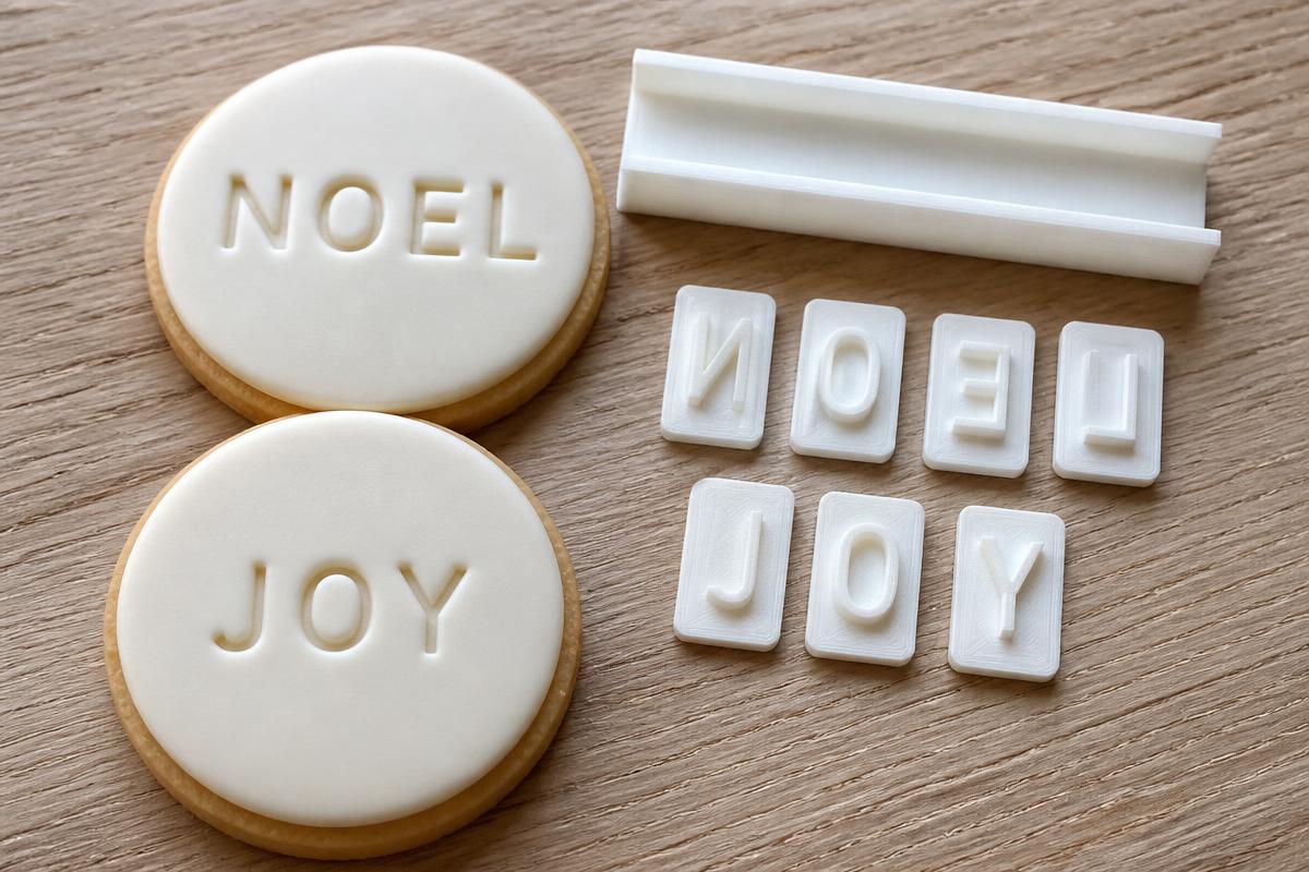 Round Christmas cookies topped with pale fondant panels reading NOEL and JOY, with small white 3D printed letter tiles and a C-channel holder rail beside them