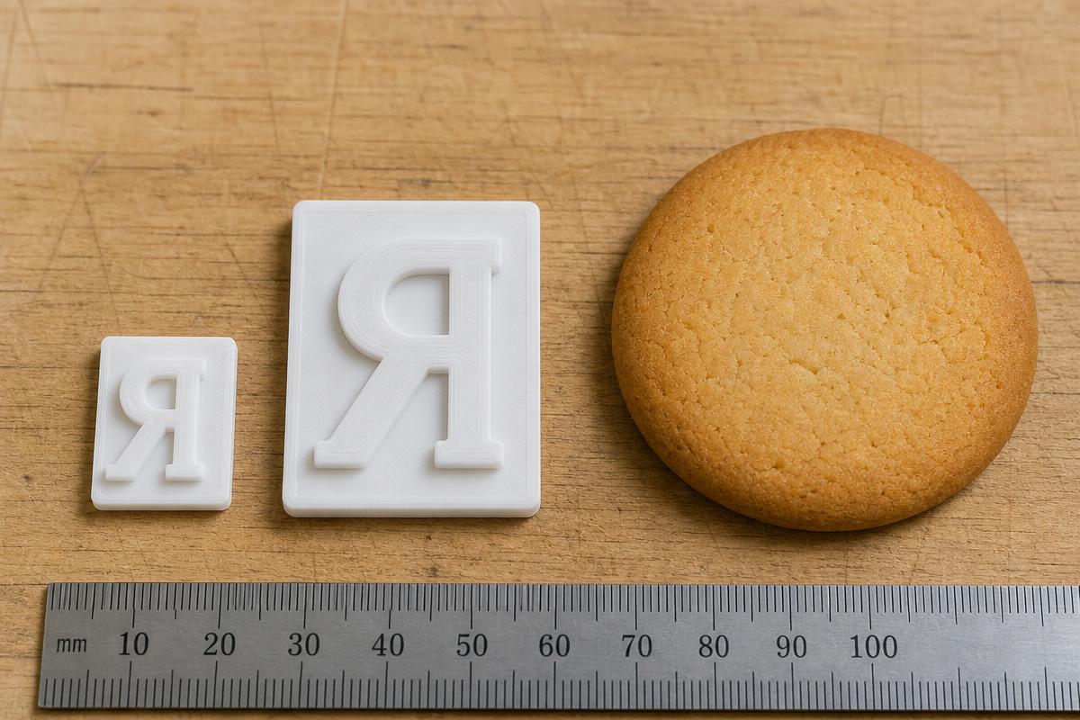 An 18mm and a 26mm portrait letter stamp tile of the same letter side by side, with a plain cookie and a fondant panel behind them for scale