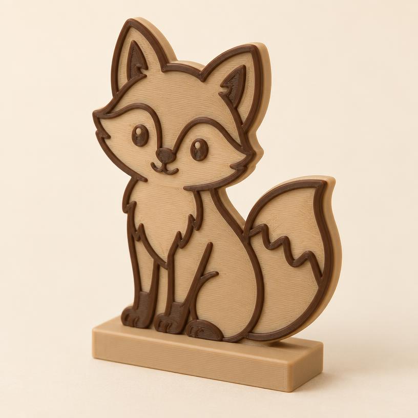 3D printed fox keepsake with raised detail standing on its display base