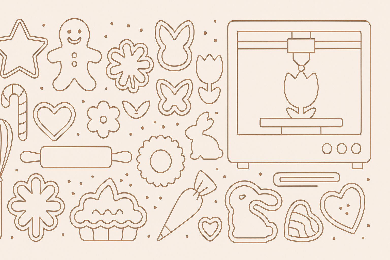 Illustration of 3D printed cookie cutters and baking icons including gingerbread man, rolling pin, cupcake, and 3D printer creating a flower