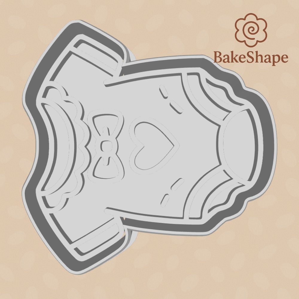 Baby onesie cookie cutter with heart and embosser STL file for baby showers