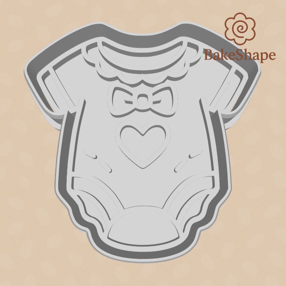 Baby onesie cookie cutter with heart and embosser STL file for baby showers