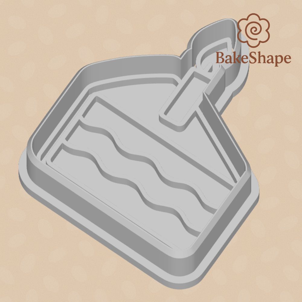 3D printable cake slice cookie cutter STL with candle and frosting detail