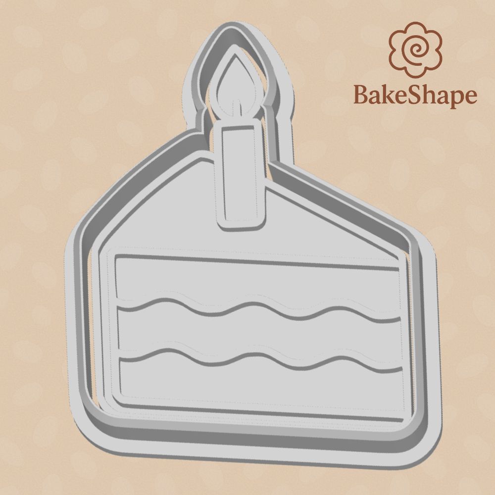 3D printable cake slice cookie cutter STL with candle and frosting detail