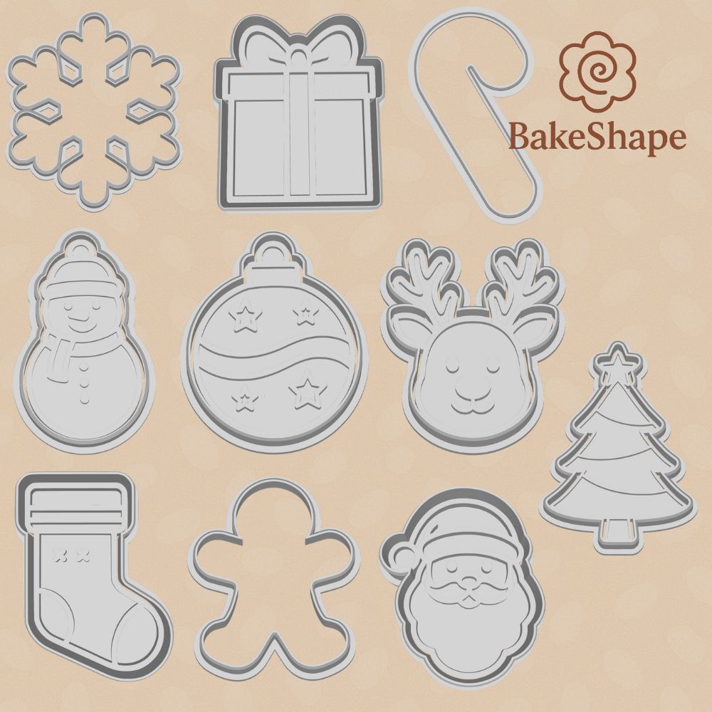 10-piece Christmas cookie cutter STL bundle – includes Santa, snowman, reindeer, tree, gingerbread man, stocking, candy cane, bauble, snowflake, and present designs for 3D printing