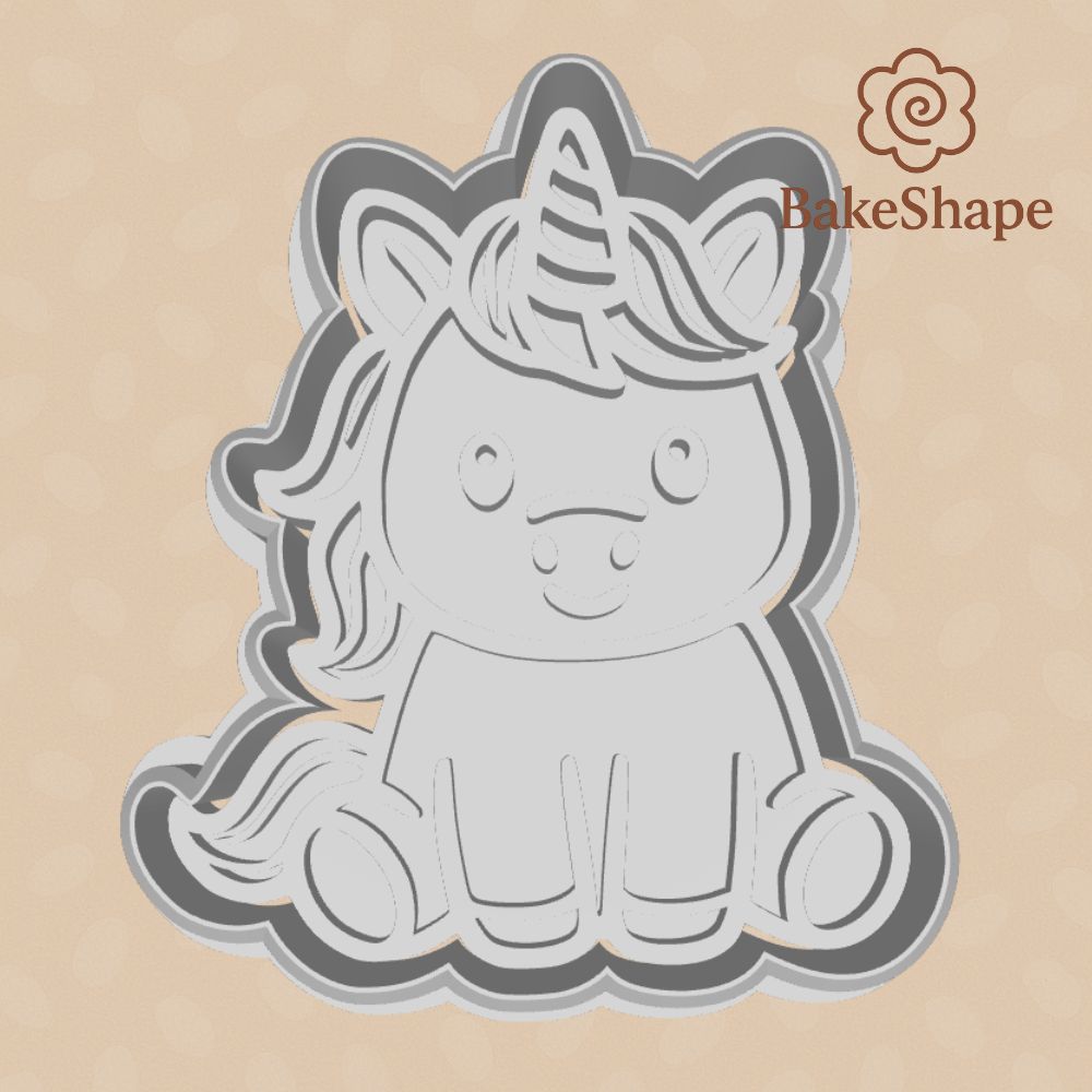 Cute unicorn cookie cutter and embosser STL – sitting pose design
