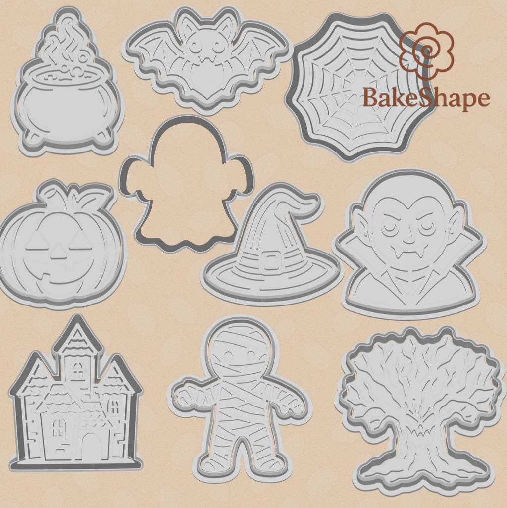 Collection of 10 Halloween cookie cutter STL files (bat, cauldron, dracula, haunted house, ghost, haunted tree, mummy, pumpkin, spider web, witch hat)