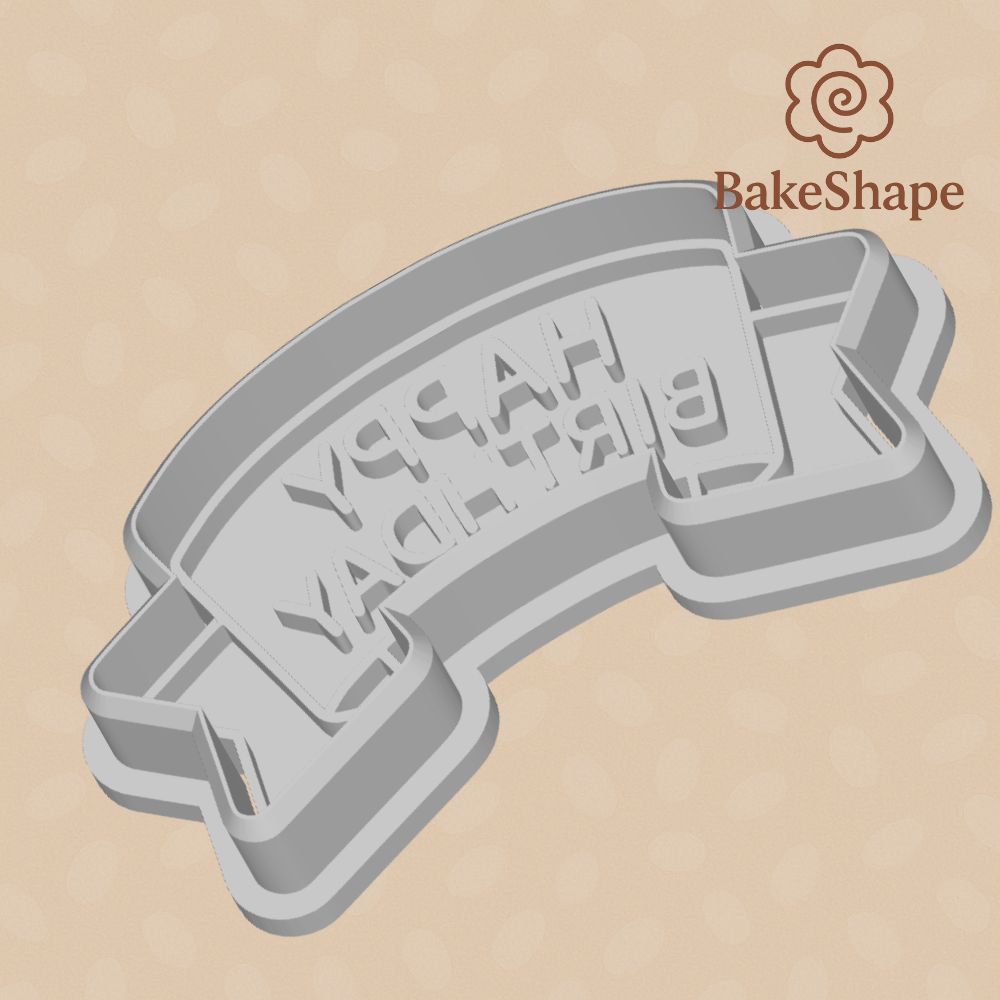 3D printable Happy Birthday banner cookie cutter STL with ribbon shape and text