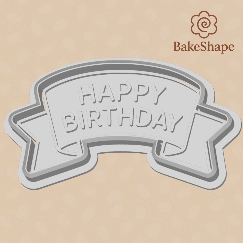 3D printable Happy Birthday banner cookie cutter STL with ribbon shape and text
