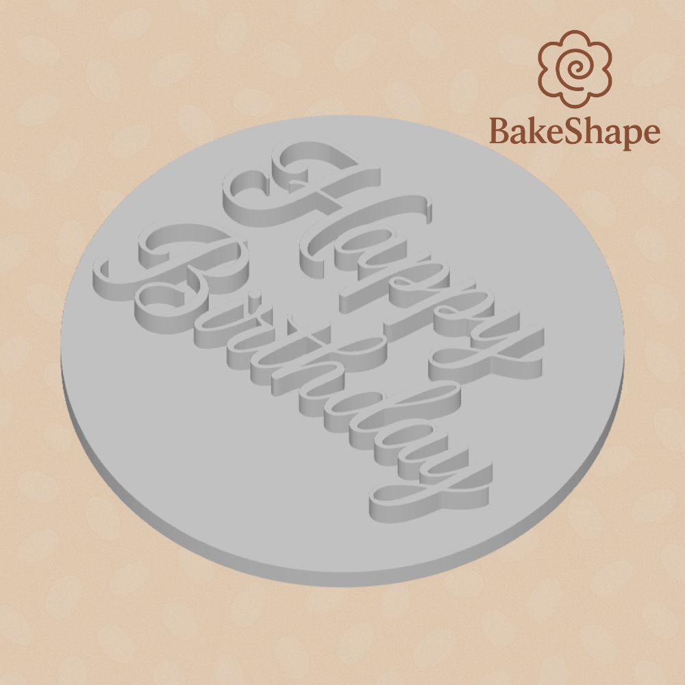 Happy Birthday cookie embosser in script style shown on BakeShape background