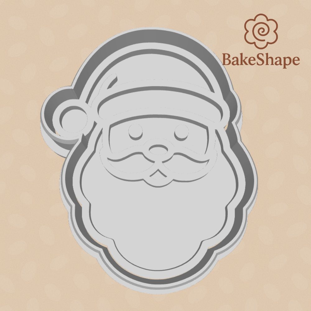 Santa face cookie cutter STL file for 3D printing – top view of cutter and embosser