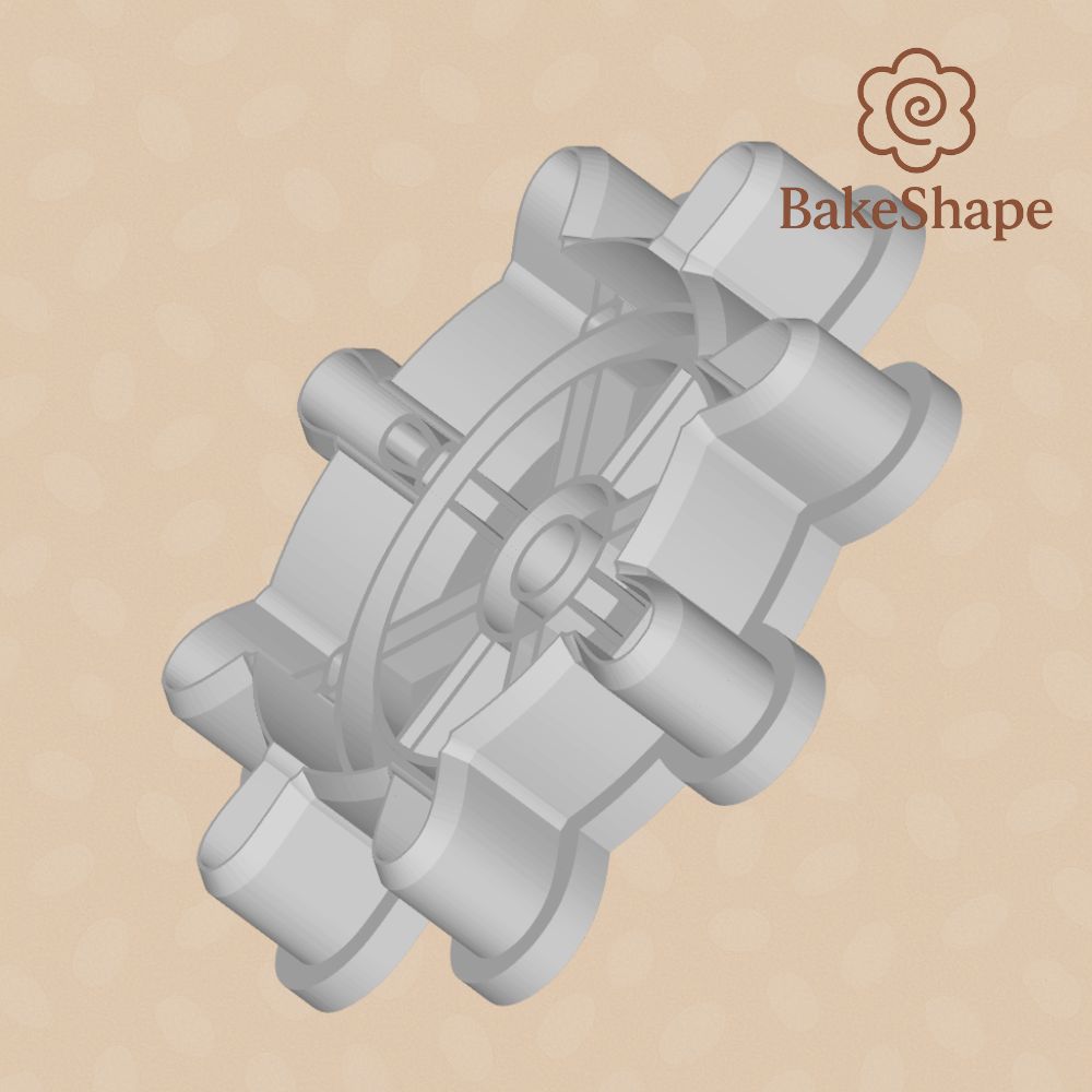 Angled image of ship wheel cookie cutter STL perfect for ocean or sailing-themed bakes