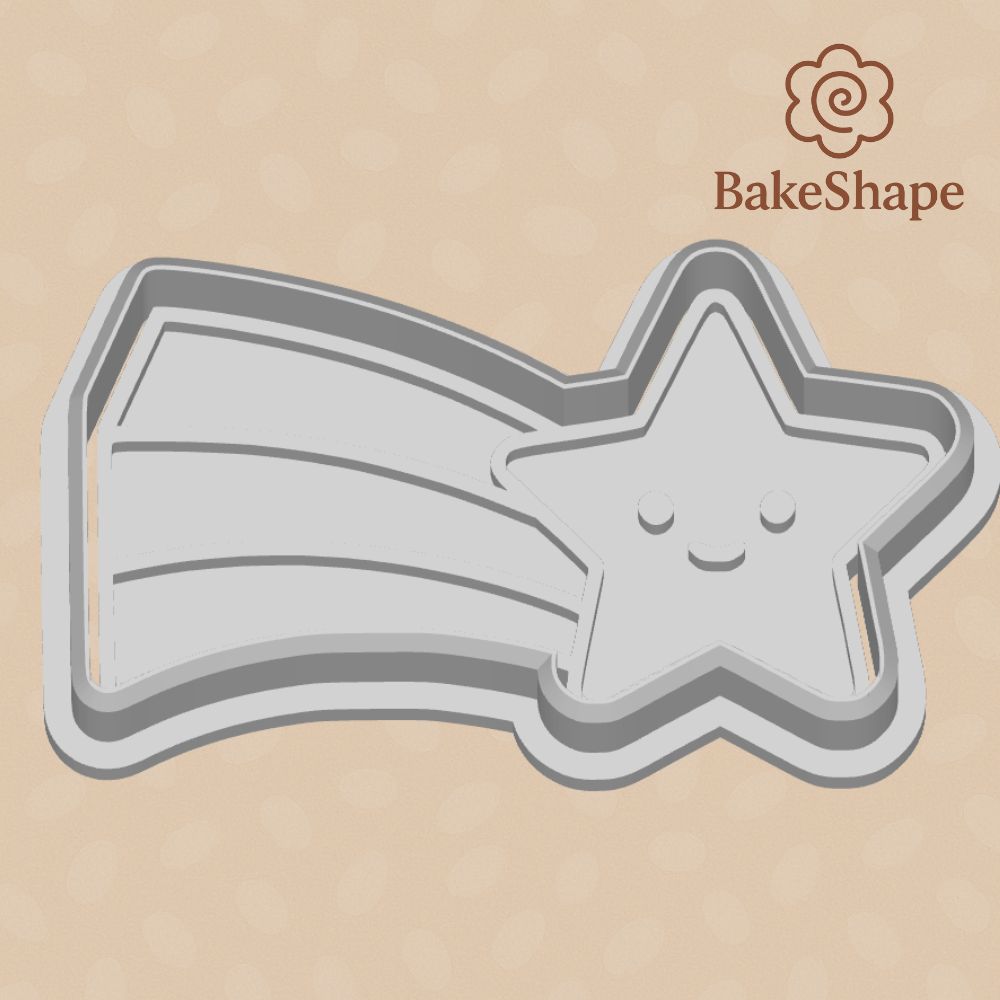 3D printable shooting star cookie cutter STL file with smiling star and tail